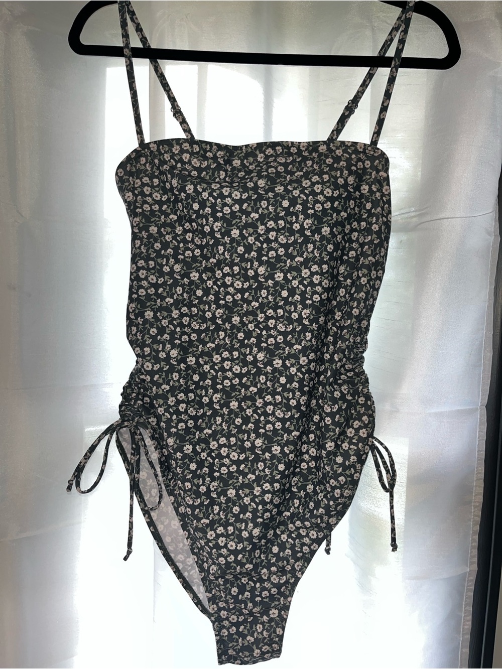 SHEIN Black Floral Drawstring One-Piece Swimsuit